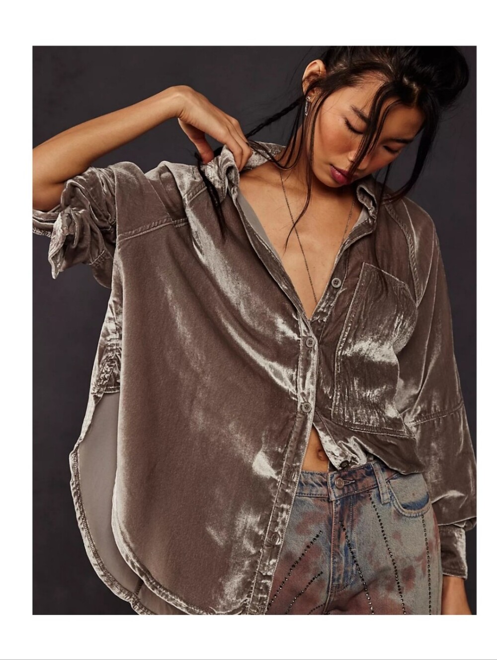 We The Free Night Skies Velvet Oversized Button Down Top Mushroom Taupe XS